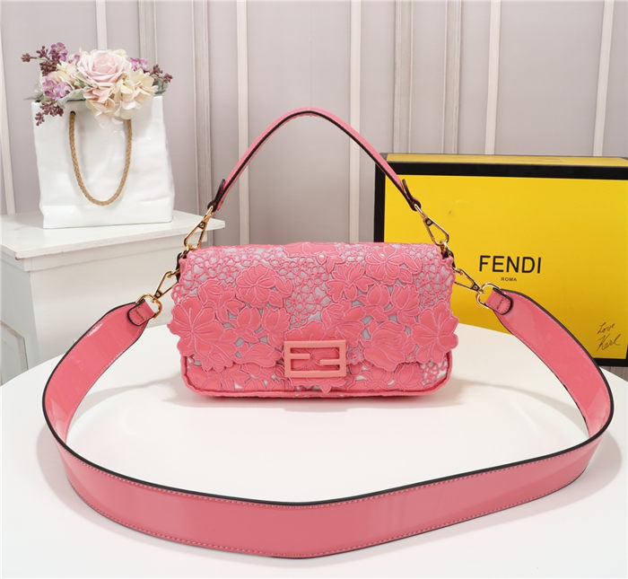 Fendi BAGUETTE Embroidered Patent Pink Mid