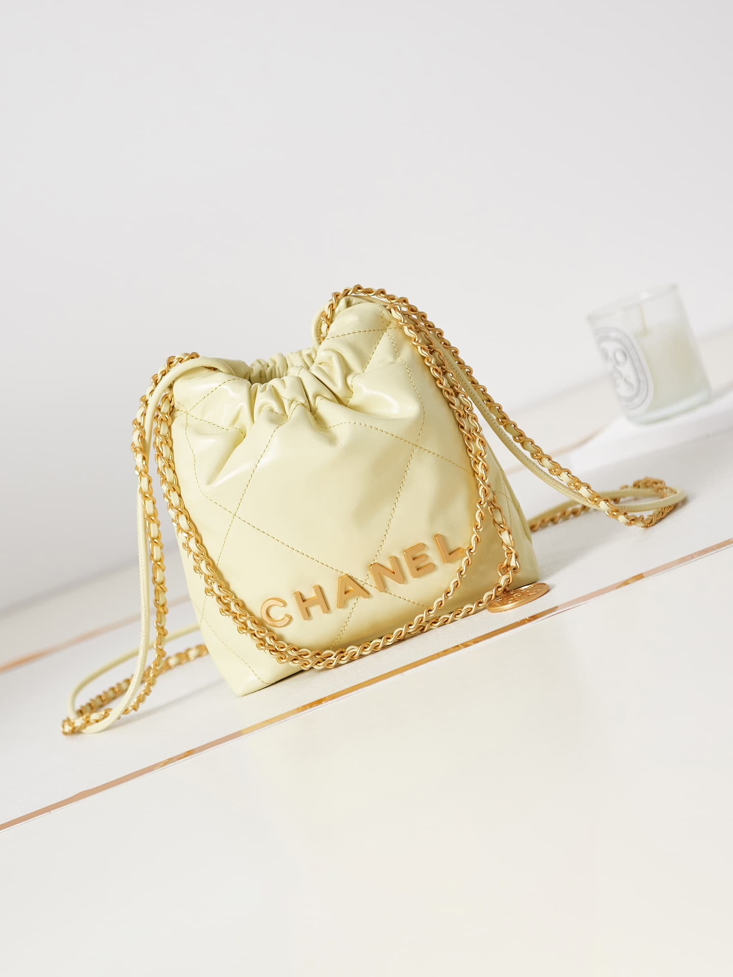 Chanel 22 MINI HANDBAG Shiny Calfskin Light Yellow & Gold-Tone Metal AS3980 High