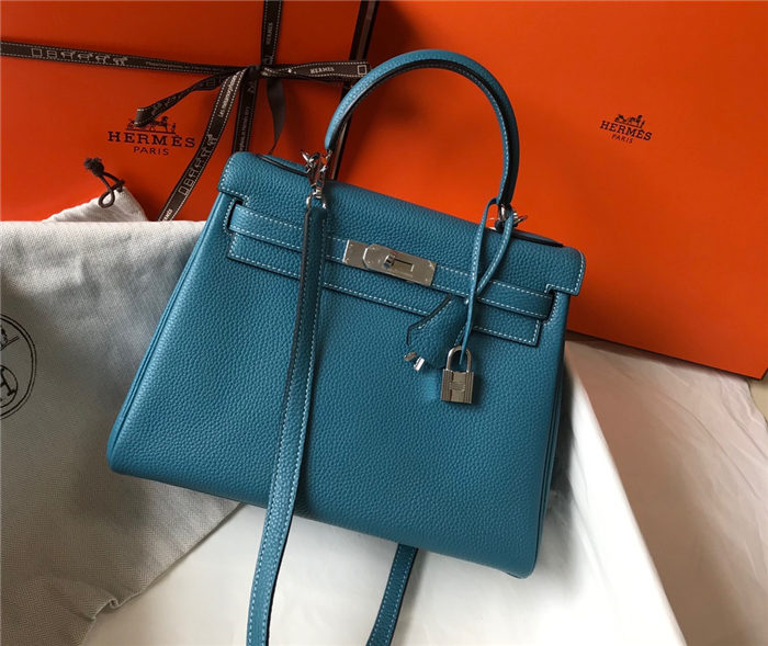 Hermes Kelly 25/28cm Retourne Bag Togo Leather In Agate Blue WAX High