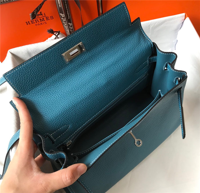 Hermes Kelly 25/28cm Retourne Bag Togo Leather In Agate Blue WAX High