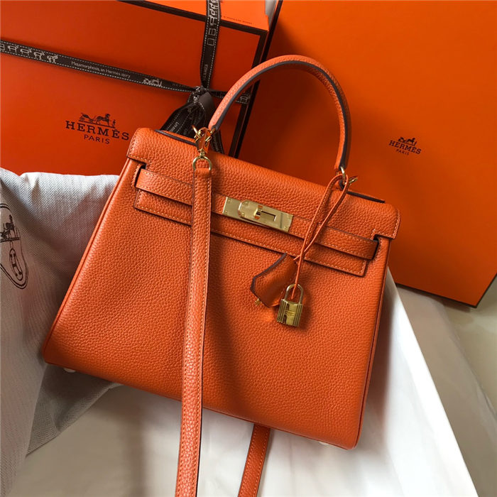 Hermes Kelly 25/28cm Retourne Bag Togo Leather In Orange WAX High