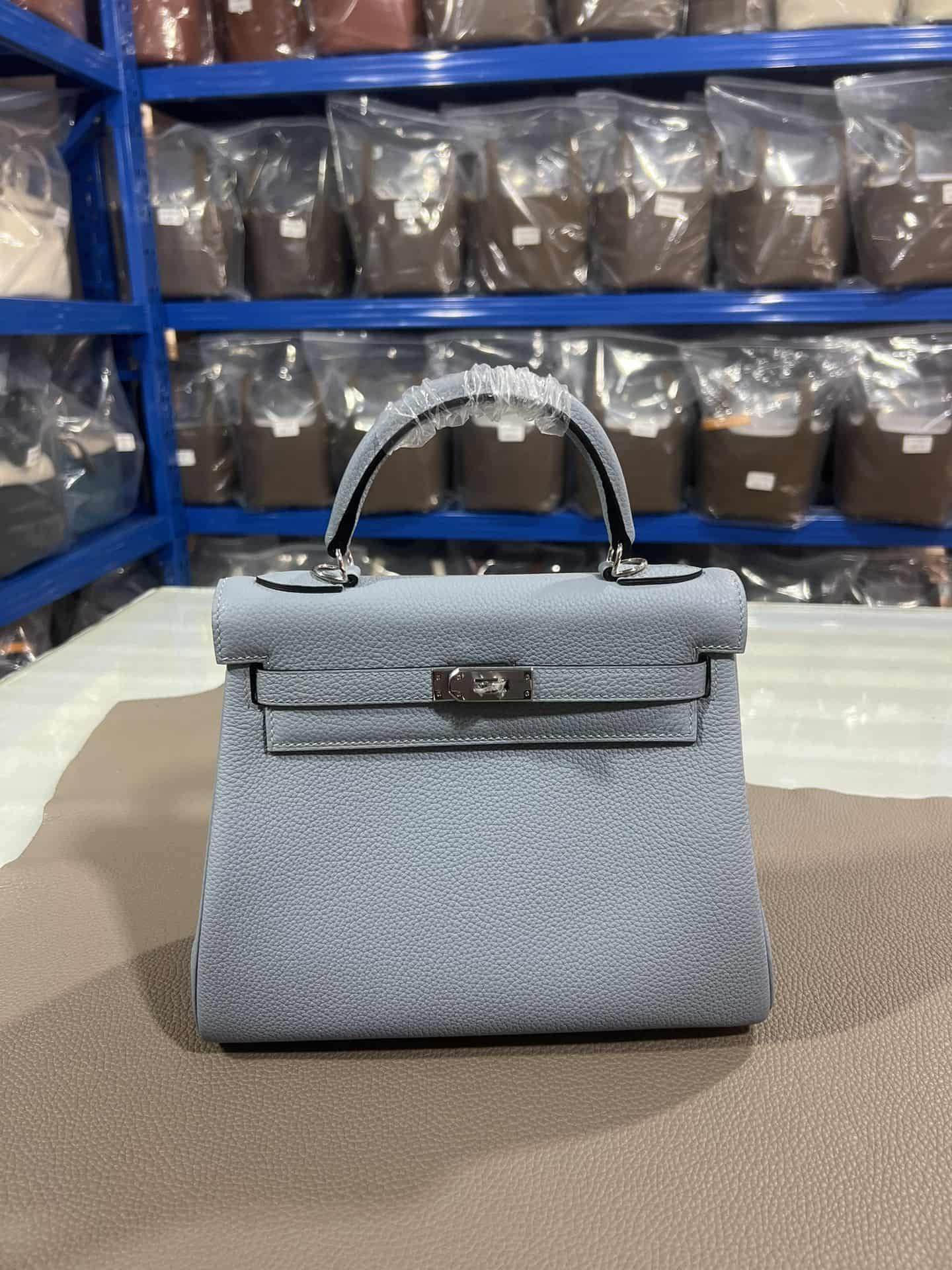 Hermes Kelly 25/28cm Retourne Bag Togo Leather In Grey-Blue WAX High