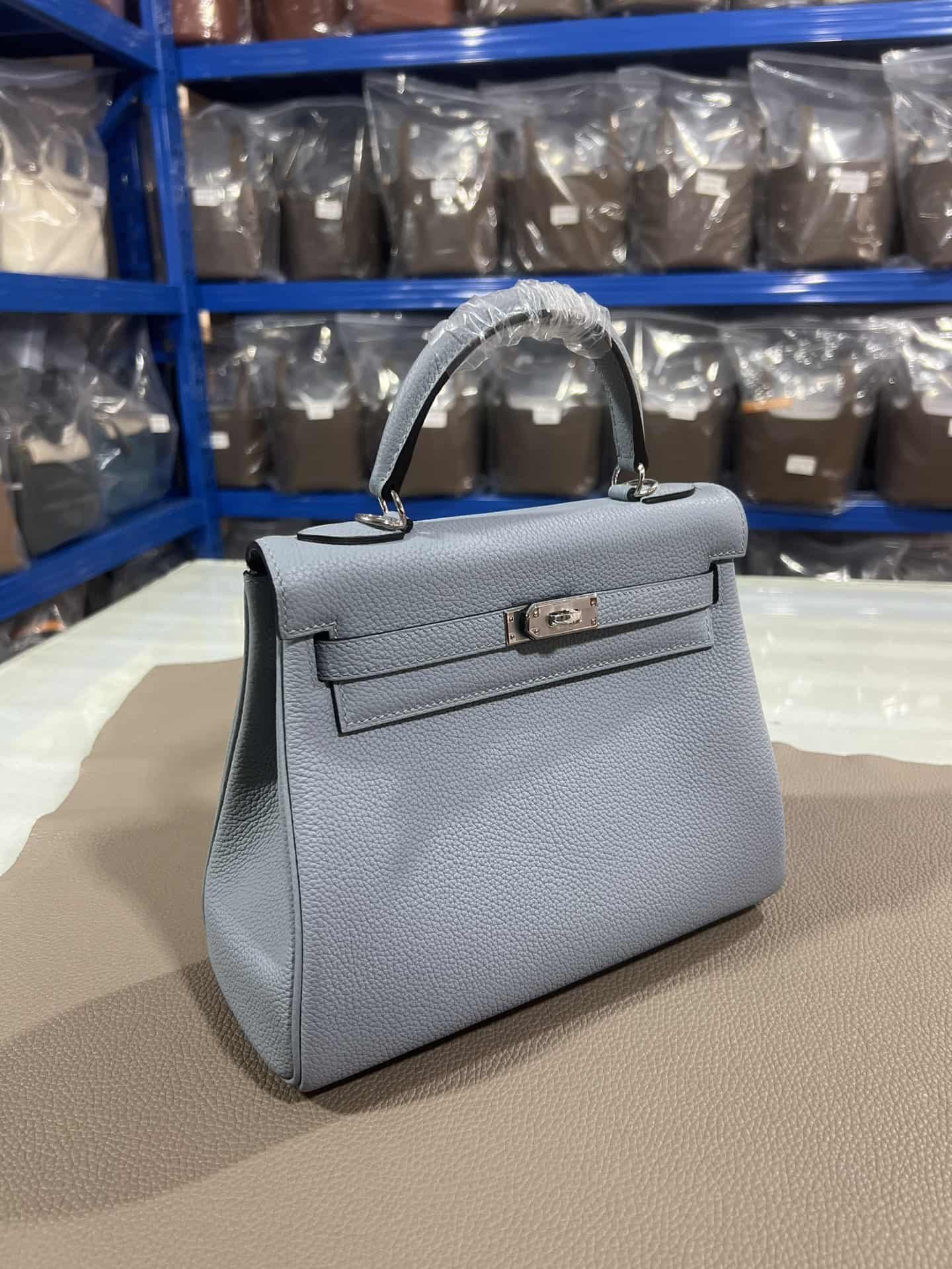 Hermes Kelly 25/28cm Retourne Bag Togo Leather In Grey-Blue WAX High