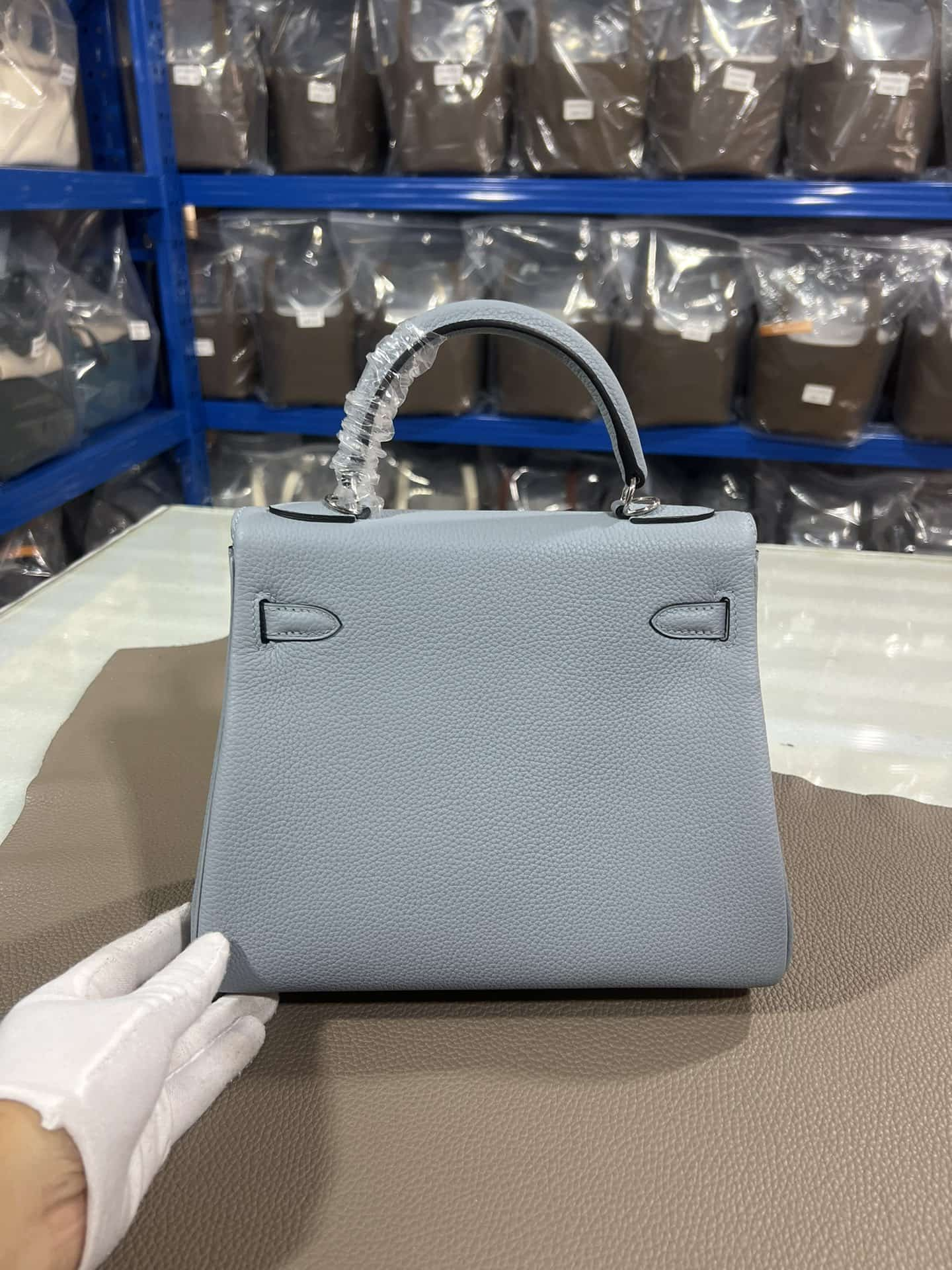 Hermes Kelly 25/28cm Retourne Bag Togo Leather In Grey-Blue WAX High