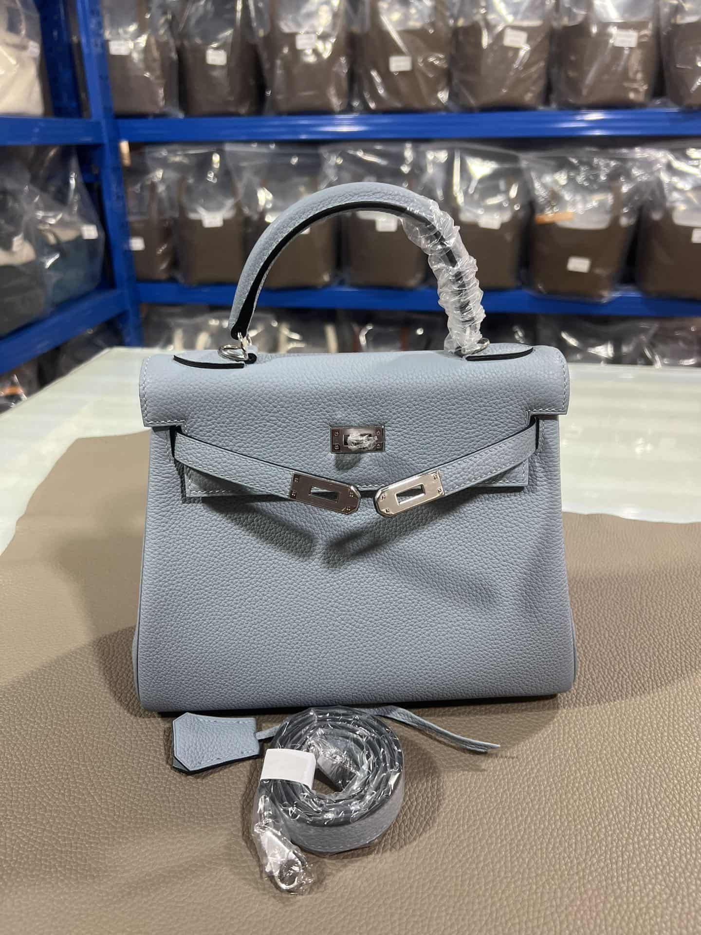 Hermes Kelly 25/28cm Retourne Bag Togo Leather In Grey-Blue WAX High