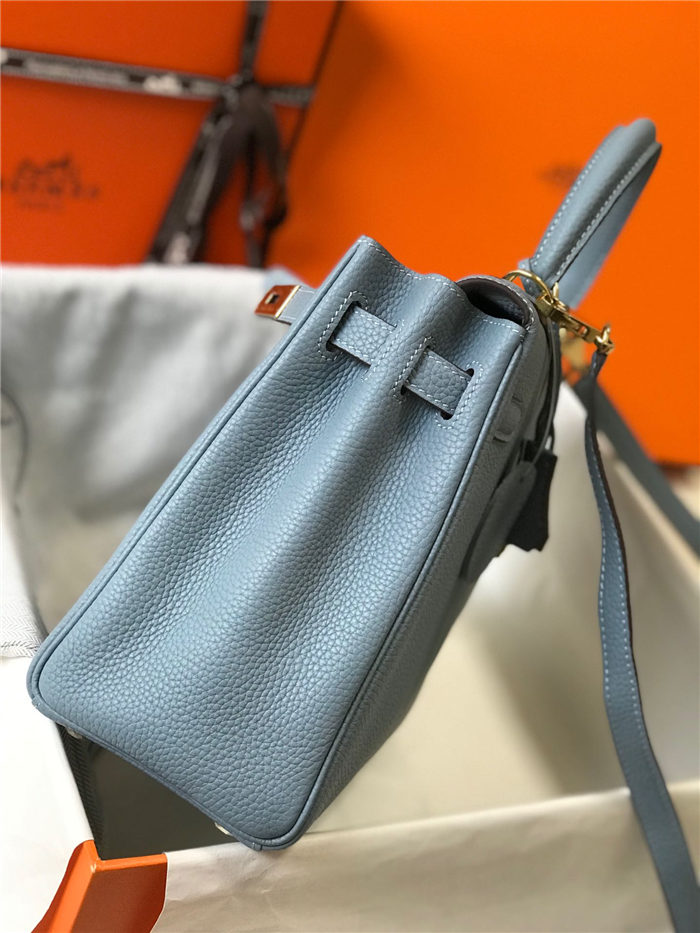 Hermes Kelly 25/28cm Retourne Bag Togo Leather In Grey-Blue WAX High