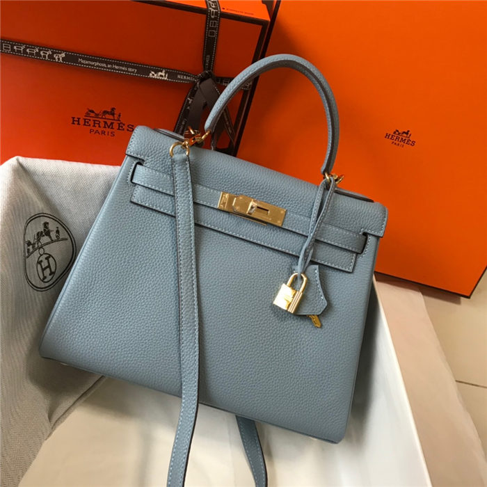 Hermes Kelly 25/28cm Retourne Bag Togo Leather In Grey-Blue WAX High