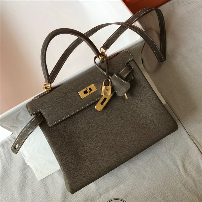 Hermes Kelly 25/28cm Retourne Bag Togo Leather In Etoupe WAX High