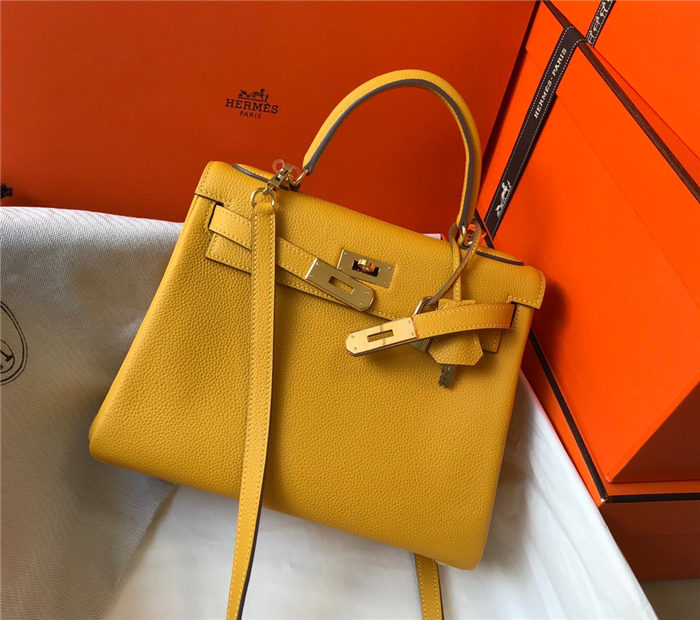 Hermes Kelly 25/28cm Retourne Bag Togo Leather In Yellow WAX High