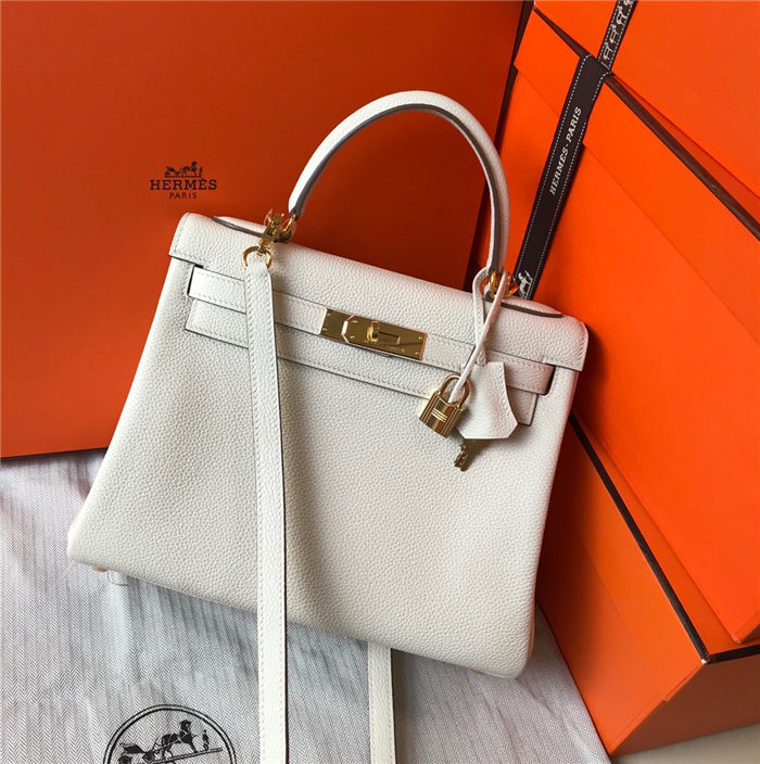 Hermes Kelly 25/28cm Retourne Bag Togo Leather In White WAX High