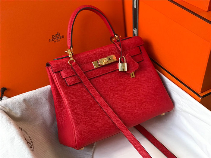 Hermes Kelly 25/28cm Retourne Bag Togo Leather In Red WAX High