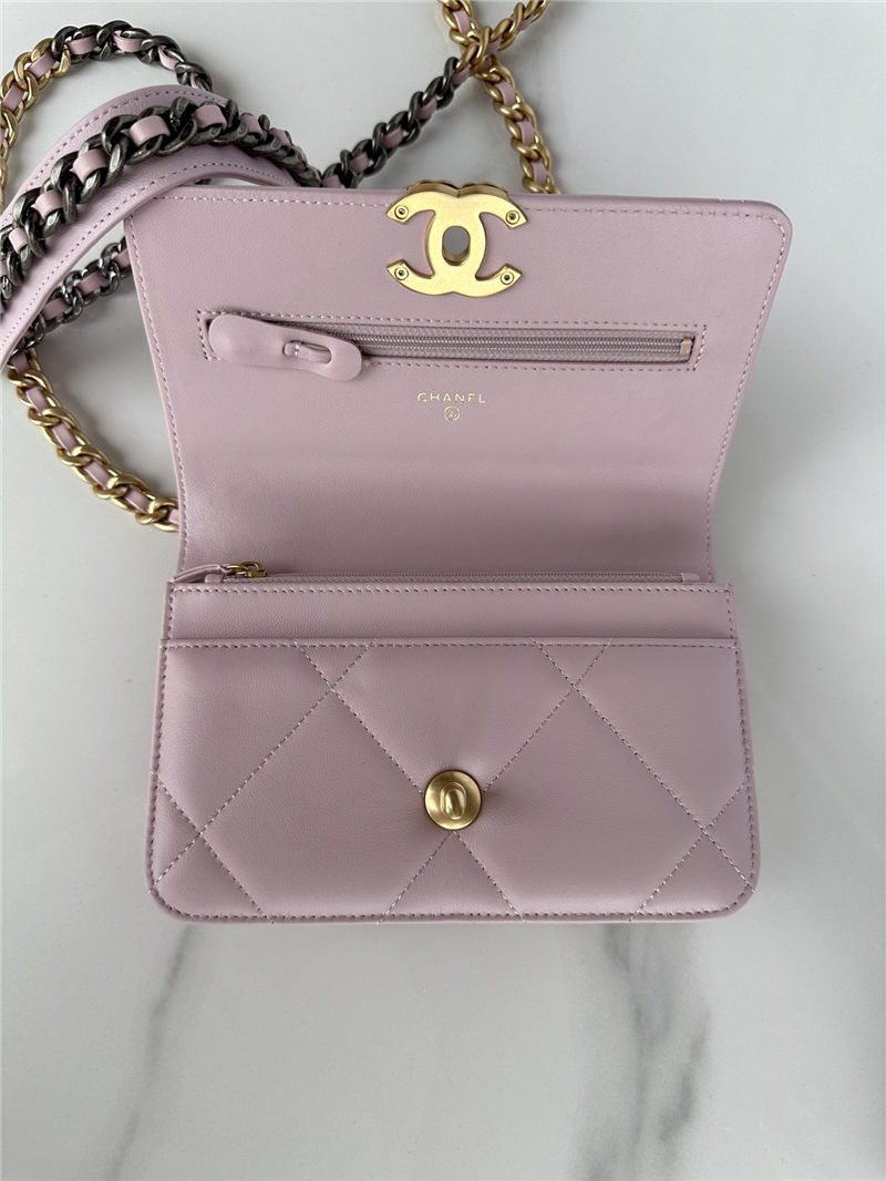 Chanel 19 WALLET ON CHAIN-A Shiny Lambskin, Gold/Silver-Tone & Ruthenium-Finish Metal Pink A