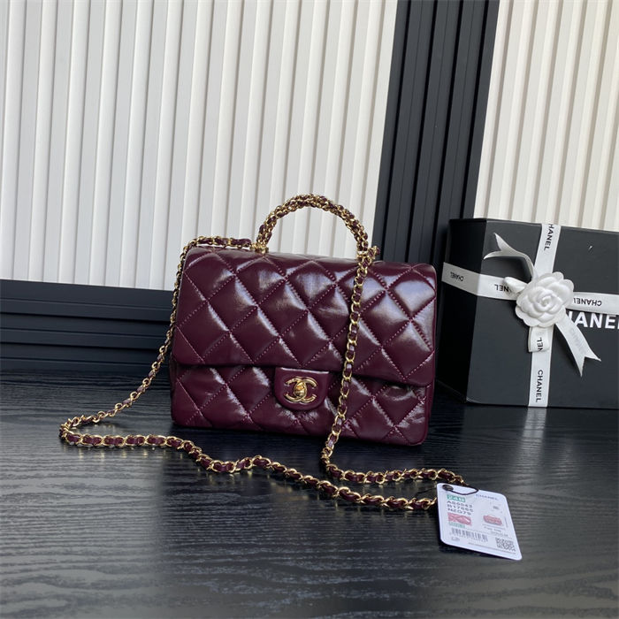 Chanel MINI FLAP BAG WITH TOP HANDLE AS5043 Shiny Lambskin Burgundy A