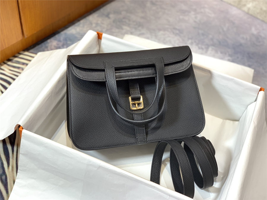 Hermes Halzan 22/25cm Bag Clemence Leather WAX In Black High