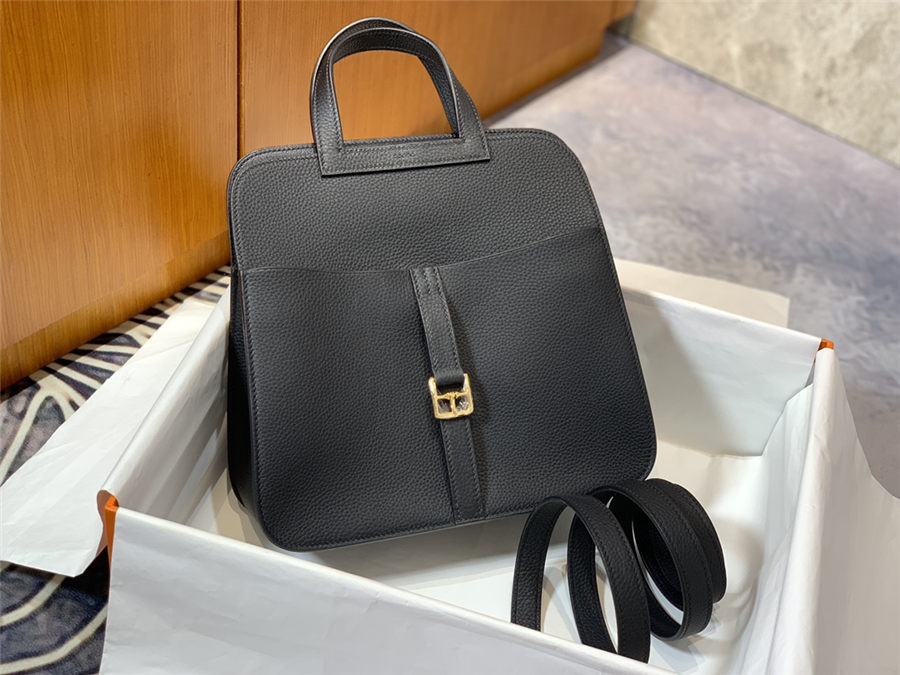 Hermes Halzan 22/25cm Bag Clemence Leather WAX In Black High