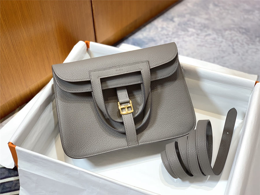 Hermes Halzan 22/25cm Bag Clemence Leather WAX In Etain High