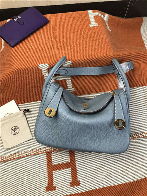 Hermes Lindy 26/30cm Bag Clemence Leather In Grey-Blue Gold-Metal High