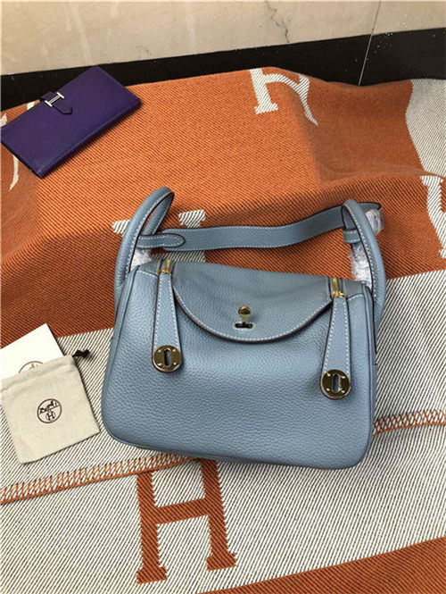 Hermes Lindy 26/30cm Bag Clemence Leather In Grey-Blue Gold-Metal High