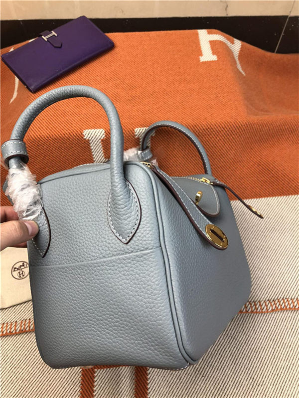 Hermes Lindy 26/30cm Bag Clemence Leather In Grey-Blue Gold-Metal High