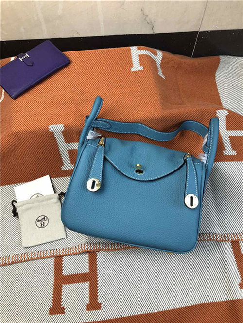 Hermes Lindy 26/30cm Bag Clemence Leather In Blue Gold-Metal High