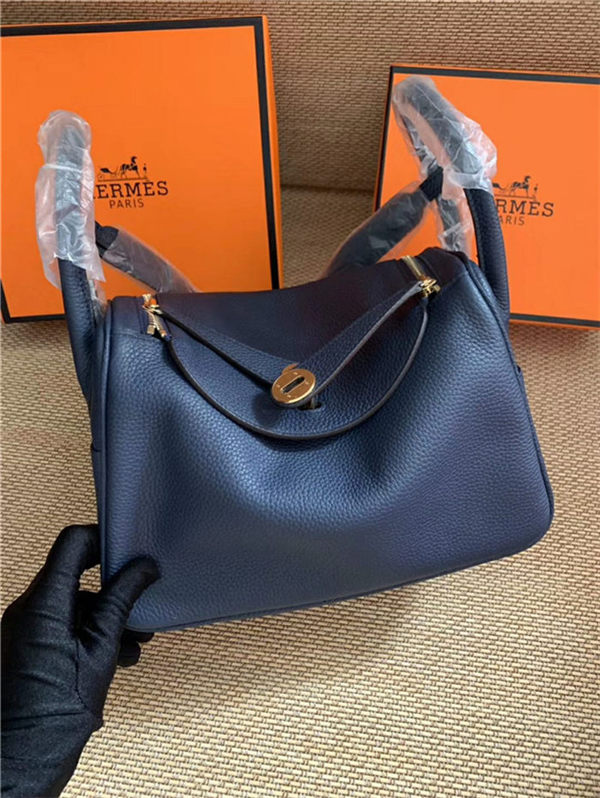 Hermes Lindy 26/30cm Bag Calfskin In Navy Gold/Silver-Metal High