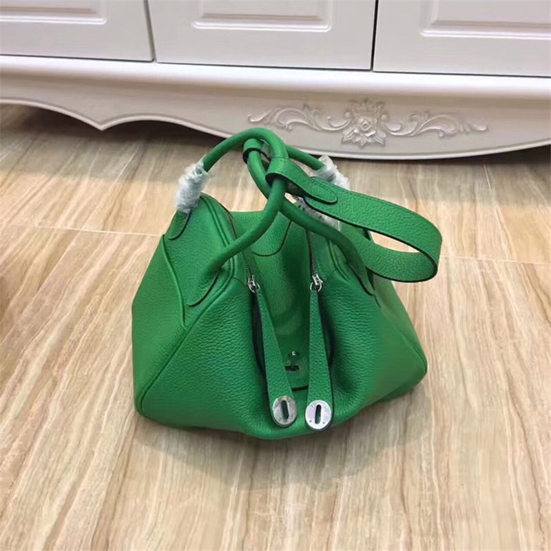 Hermes Lindy 26/30cm Bag Clemence Leather In Green Silver-Metal High