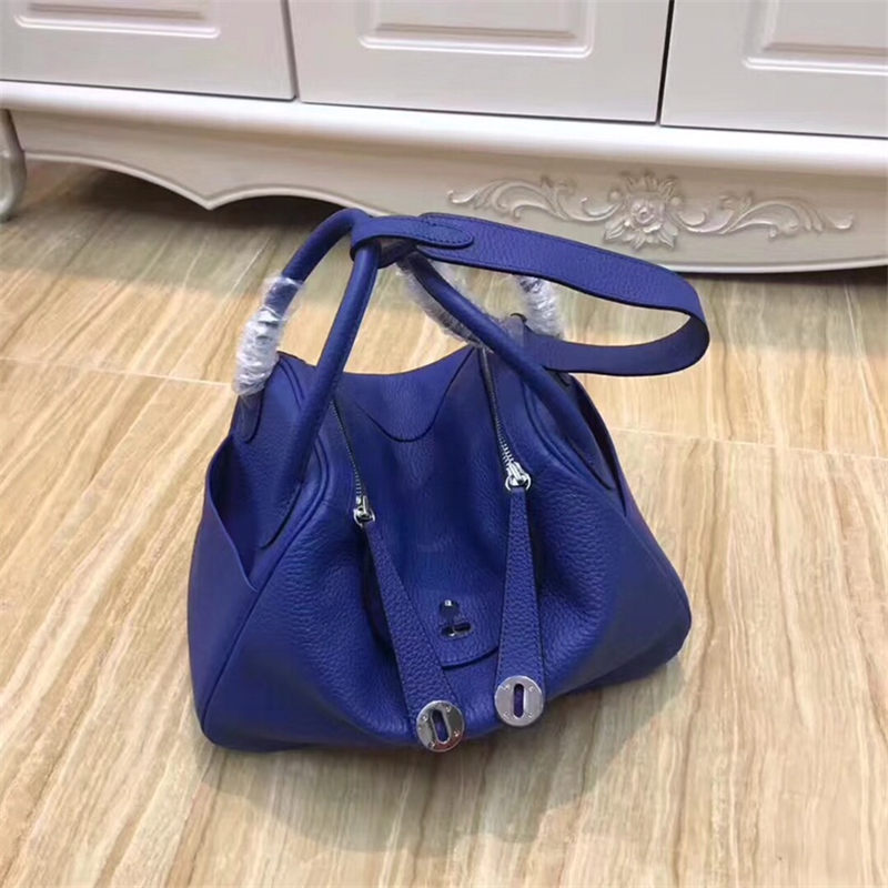 Hermes Lindy 26/30cm Bag Clemence Leather In Royal Blue Silver-Metal High