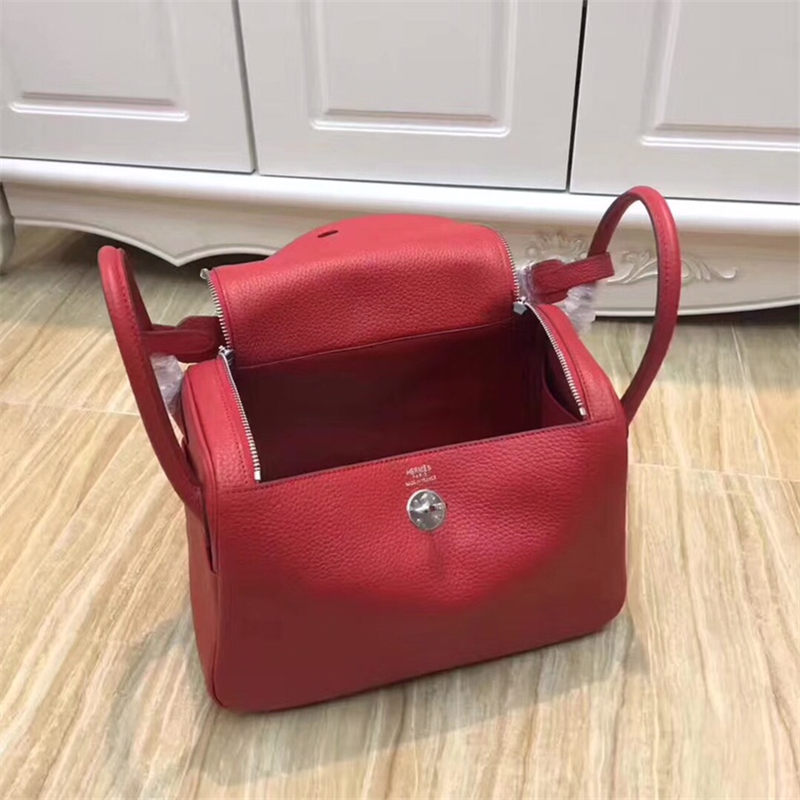 Hermes Lindy 26/30cm Bag Clemence Leather In Red Silver-Metal High