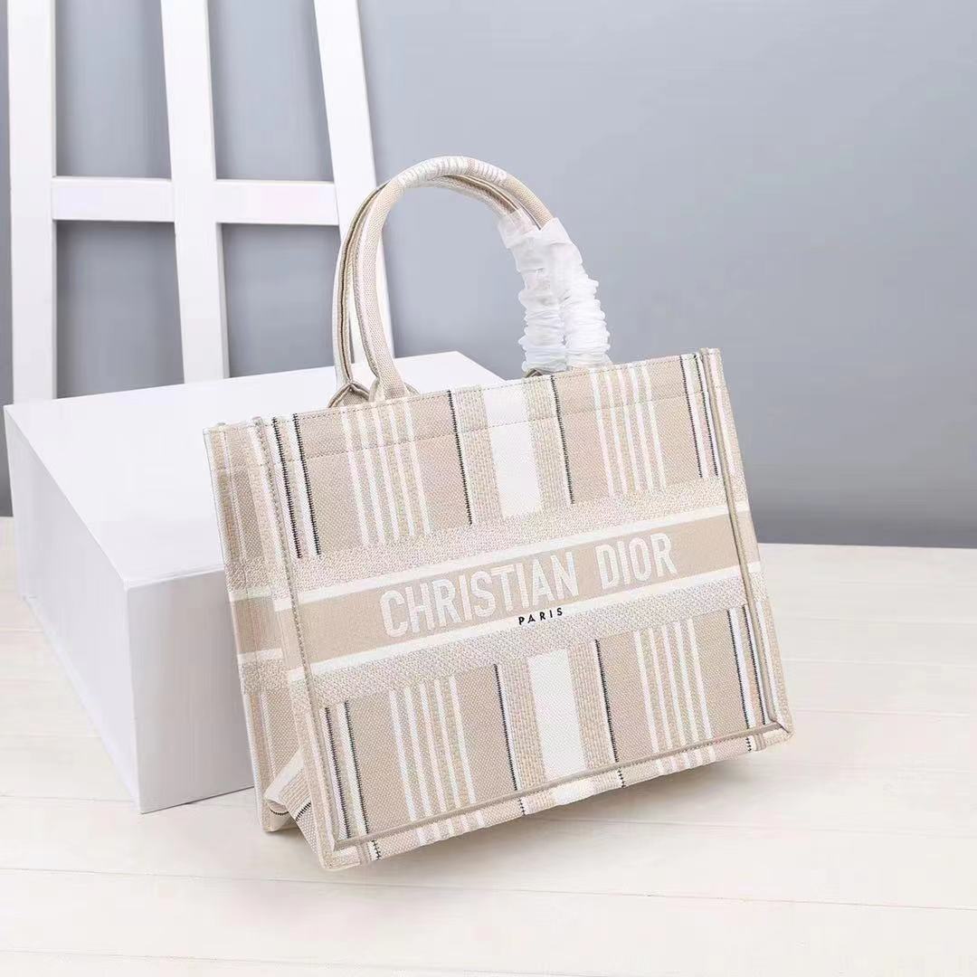 MEDIUM Dior BOOK TOTE Stripes Embroidery Beige High