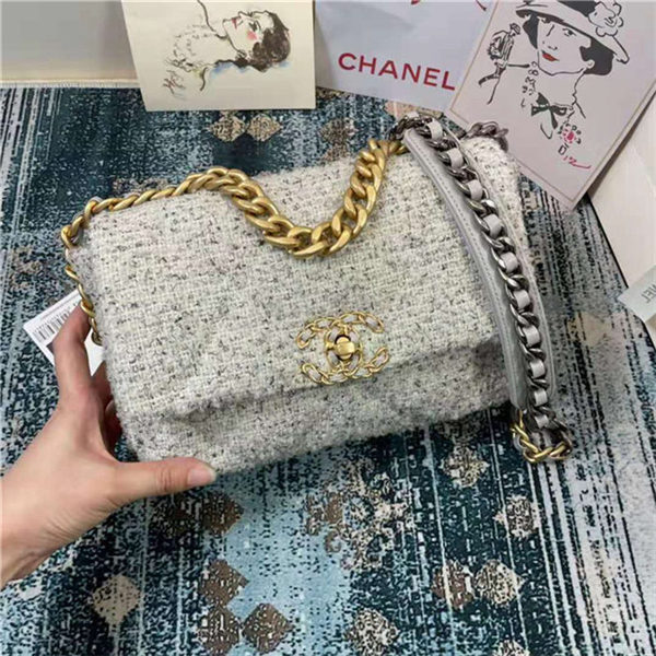 Chanel 19 Flap Bag Tweed, Gold-Tone, Silver-Tone & Ruthenium-Finish Metal Gray & Ecru High