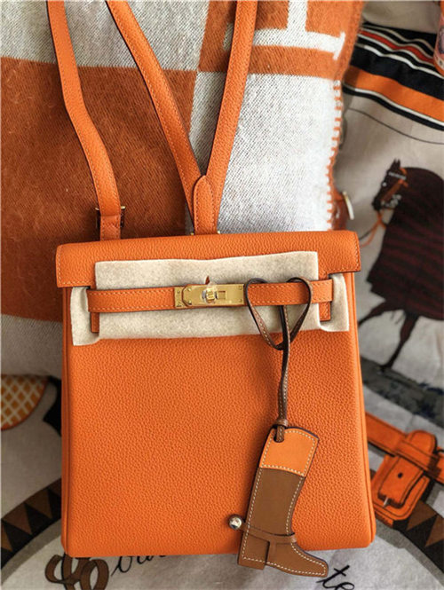 Hermes Kelly Ado PM Backpack Togo Leather WAX In Orange Gold/Silver-Metal High