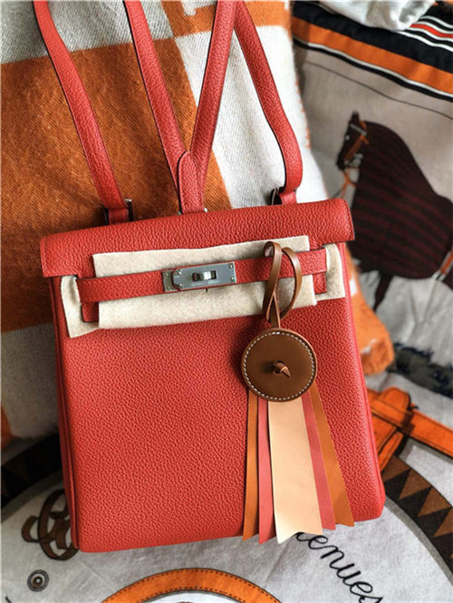 Hermes Kelly Ado PM Backpack Togo Leather WAX In Red Silver-Metal High