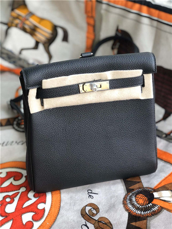 Hermes Kelly Ado PM Backpack Togo Leather WAX In Black Silver-Metal High