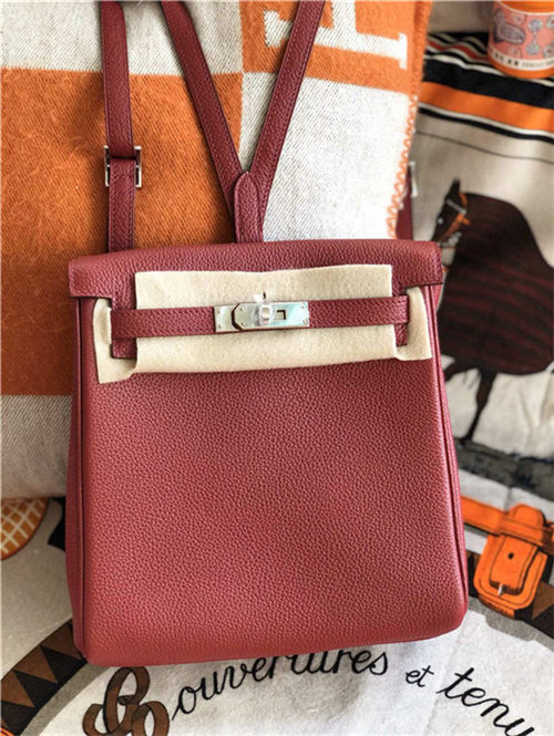 Hermes Kelly Ado PM Backpack Togo Leather WAX In Wine Silver-Metal High