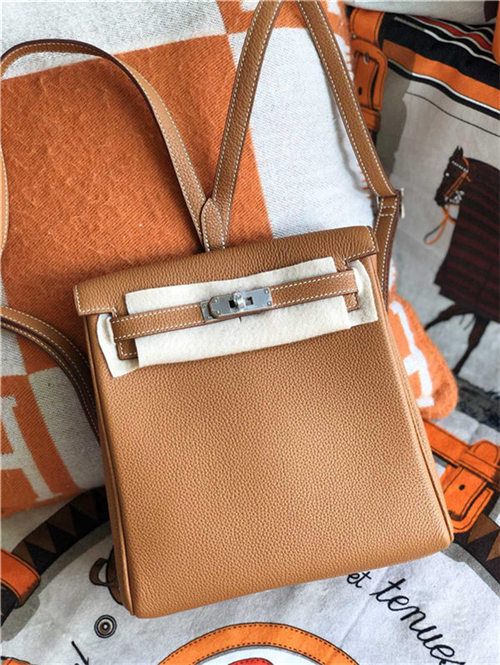 Hermes Kelly Ado PM Backpack Togo Leather WAX In Camel Silver-Metal High