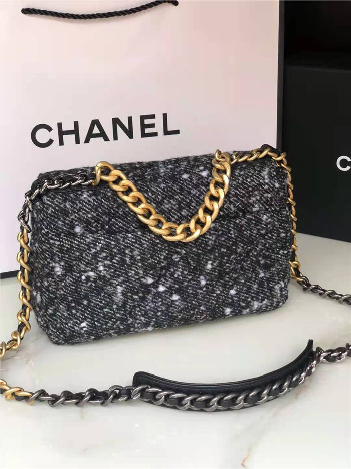 Chanel 19 Flap Bag Tweed, Gold-Tone, Silver-Tone & Ruthenium-Finish Metal Black & Ecru High