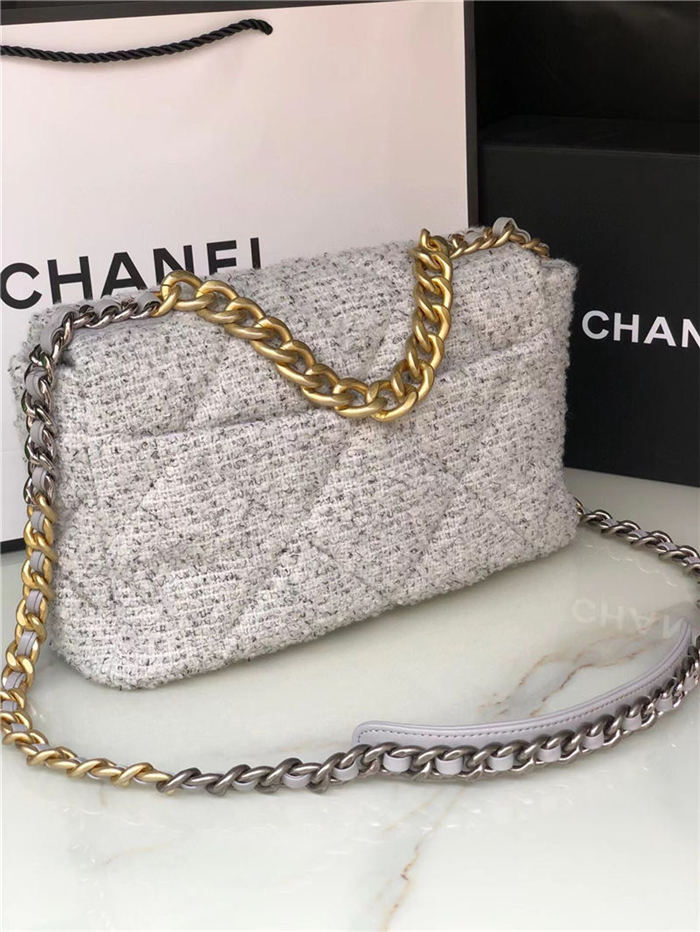 Large Chanel 19 Flap Bag Tweed, Gold-Tone, Silver-Tone & Ruthenium-Finish Metal Gray & Ecru High