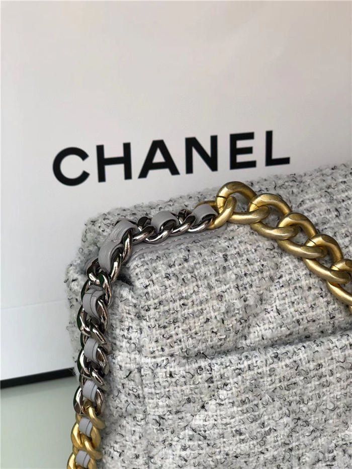 Large Chanel 19 Flap Bag Tweed, Gold-Tone, Silver-Tone & Ruthenium-Finish Metal Gray & Ecru High