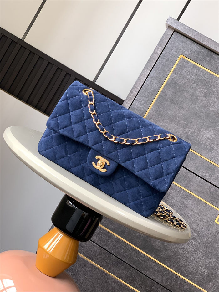 Medium CLASSIC HANDBAG Suede Gold Metal Blue A