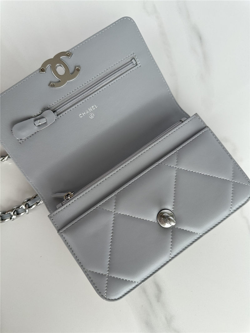 Chanel 19 WALLET ON CHAIN-A Shiny Lambskin, Gold/Silver-Tone & Ruthenium-Finish Metal Grey A