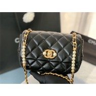 MINI FLAP BAG Calfskin, Imitation Pearls & Gold-Tone Metal Black High