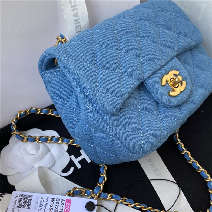 SUPER MINI FLAP BAG Denim & Gold-Tone Metal Dk-Blue AS1786 A