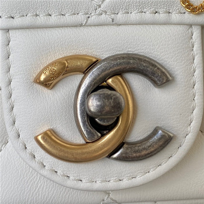 MINI FLAP BAG Lambskin, Glass Pearls, Imitation Pearls, Strass, Gold, Silver & Ruthenium Finish Metal White A