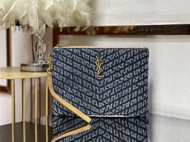 MONOGRAM A5 POUCH IN MATELASSÉ DENIM GOLD-TONED METAL High