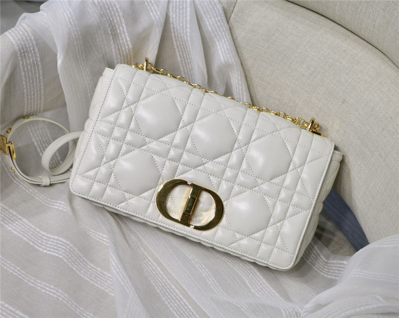 LARGE Dior CARO BAG Quilted Macrocannage Gold Metal Calfskin White High