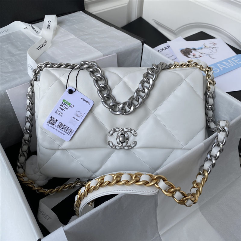 Large Chanel 19 Flap Bag Goatskin/Lambskin White Silver High