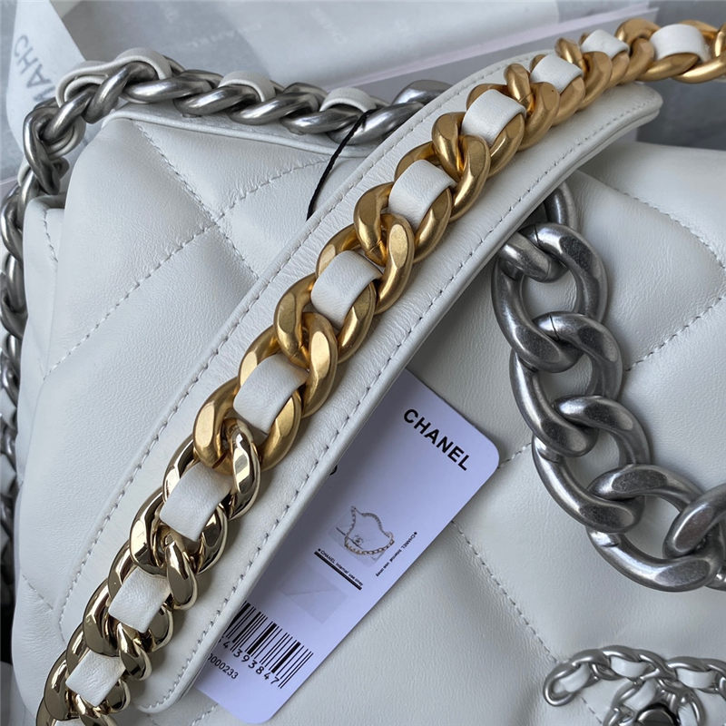 Large Chanel 19 Flap Bag Goatskin/Lambskin White Silver High