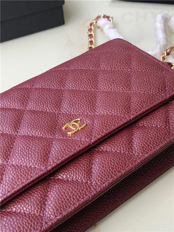 Classic Wallet on Chain A33814 Grained Calfskin Gold/Silver Metal Wine B