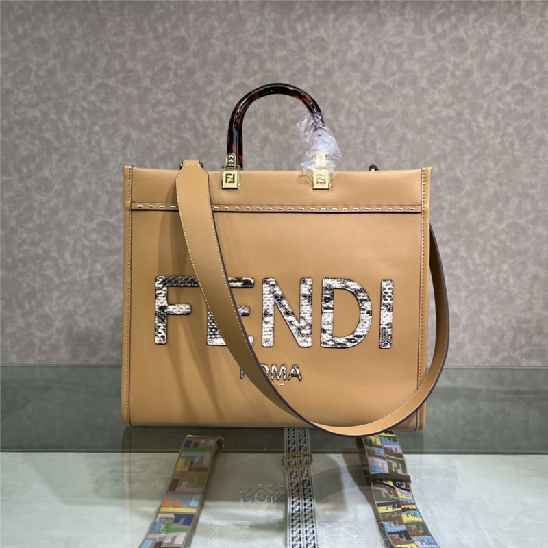 MEDIUM Fendi SUNSHINE Leather & Elaphe Shopper Beige High