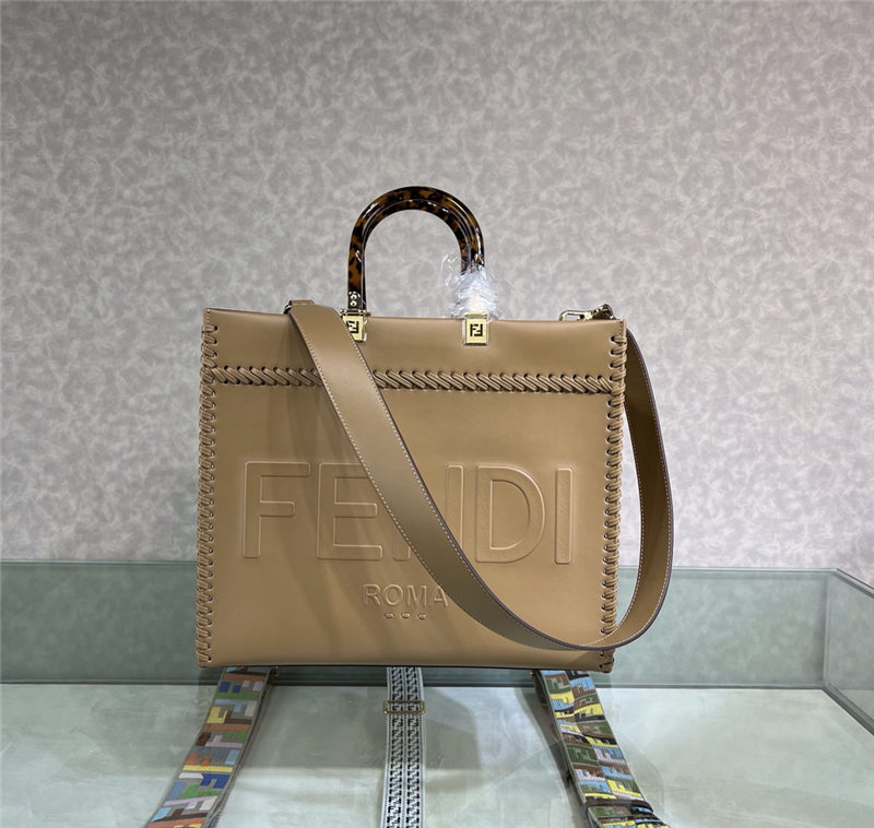 MEDIUM Fendi SUNSHINE Leather Shopper with Decorative Stitching Beige High